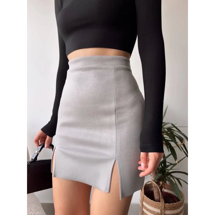 Çift yurtmaçlı süet etek gri s241002