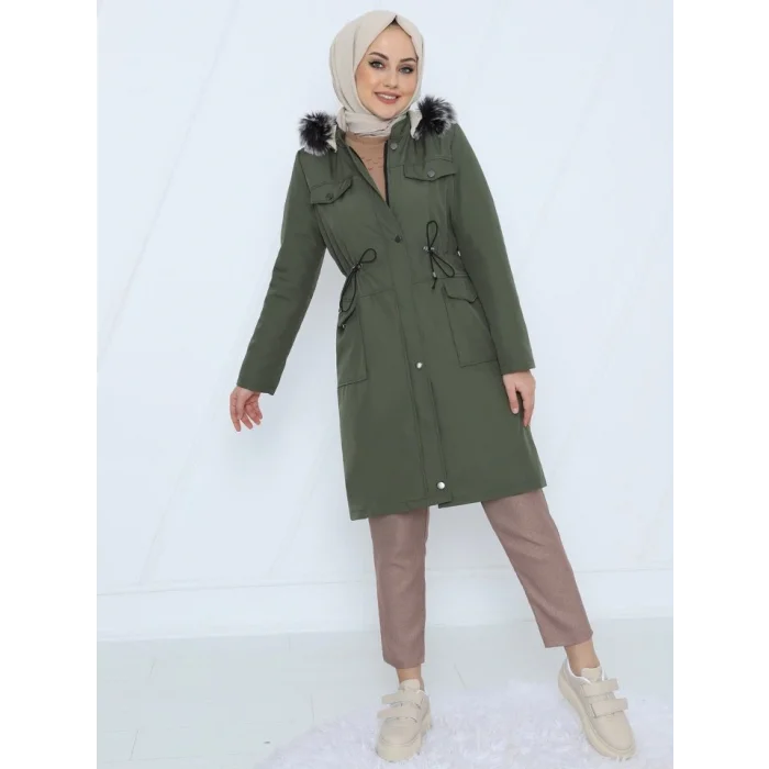 Çıkma Kapşonlu Bağcıklı Bondit Kısa Kaban  -Haki