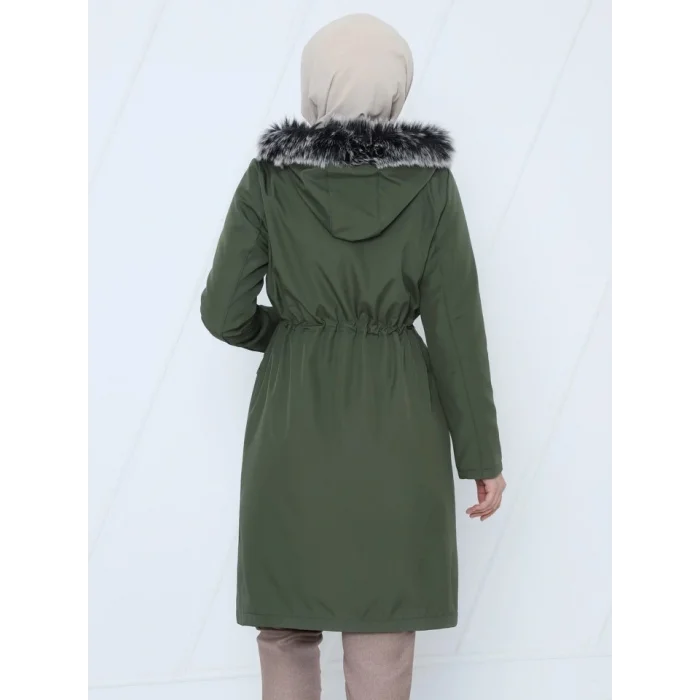 Çıkma Kapşonlu Bağcıklı Bondit Kısa Kaban  -Haki