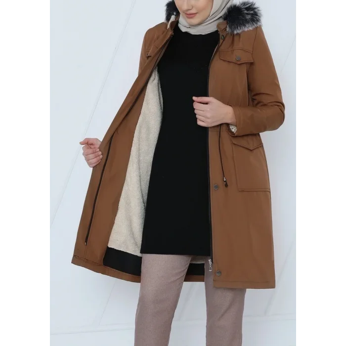 Çıkma Kapşonlu Bağcıklı Bondit Kısa Kaban -Taba