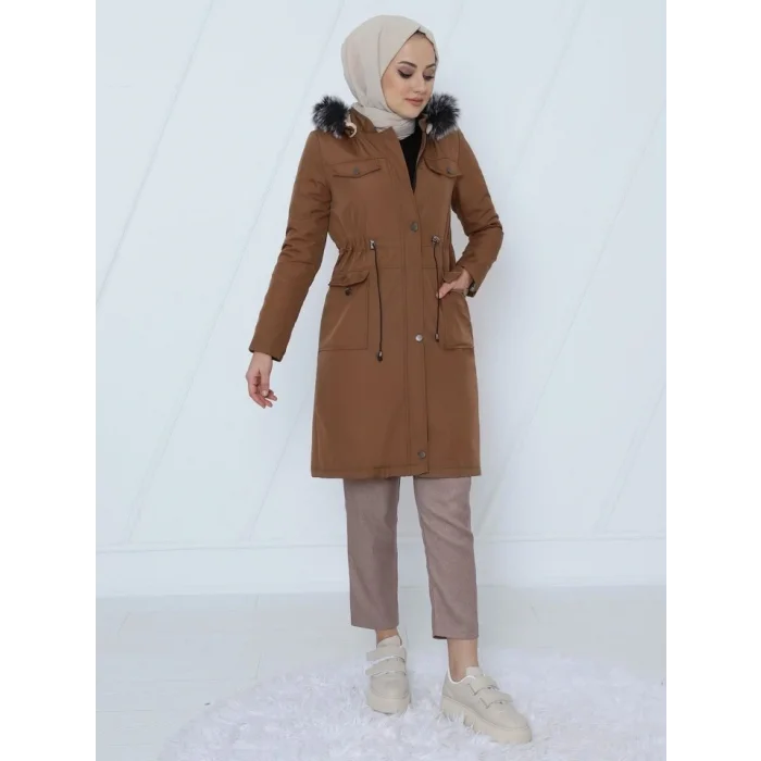 Çıkma Kapşonlu Bağcıklı Bondit Kısa Kaban -Taba