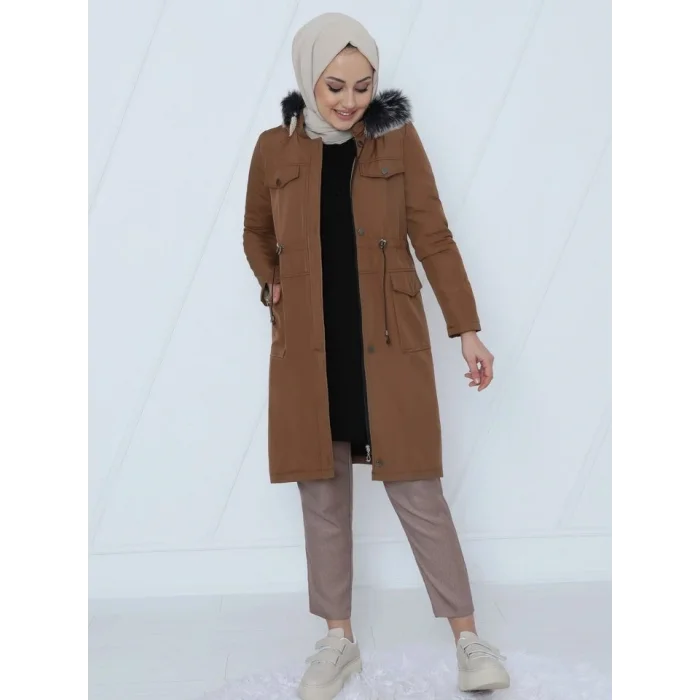 Çıkma Kapşonlu Bağcıklı Bondit Kısa Kaban -Taba