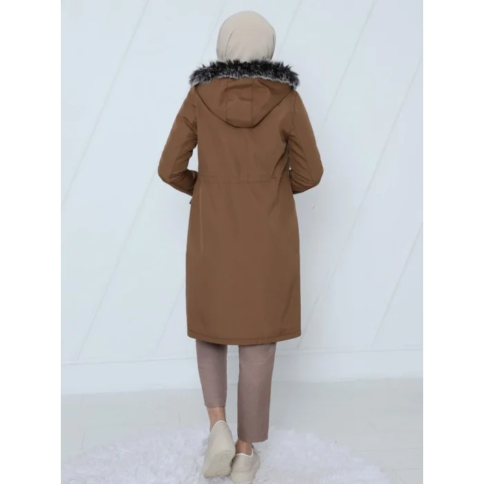 Çıkma Kapşonlu Bağcıklı Bondit Kısa Kaban -Taba