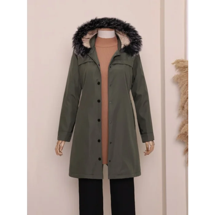 Çıkma Kapşonlu Çıtçıtlı Cepli Kısa Kaban -Haki