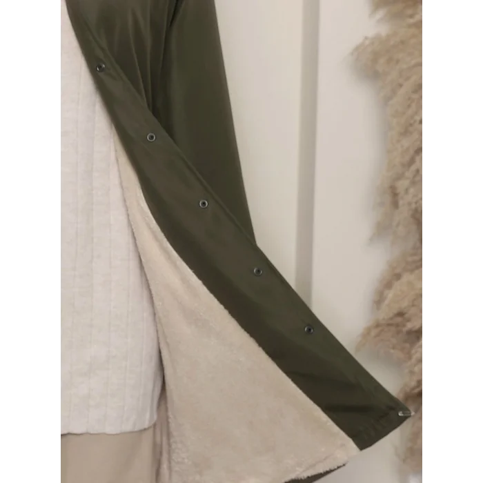 Çıkma Kapşonlu Çıtçıtlı Cepli Kısa Kaban -Haki