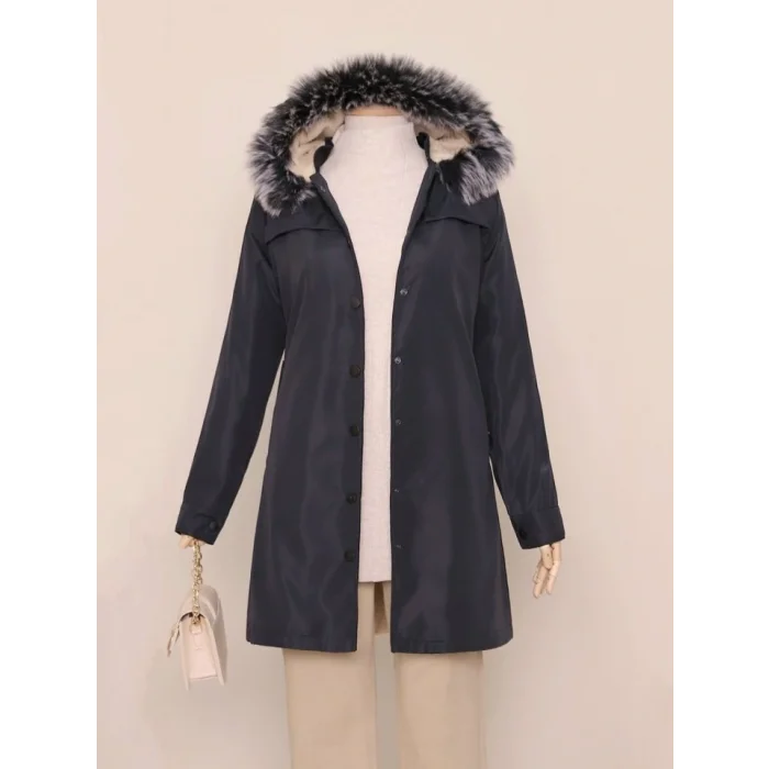 Çıkma Kapşonlu Çıtçıtlı Cepli Kısa Kaban  -Laci