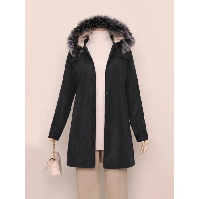 Çıkma Kapşonlu Çıtçıtlı Cepli Kısa Kaban -Siyah