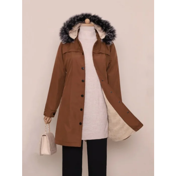 Çıkma Kapşonlu Çıtçıtlı Cepli Kısa Kaban -Taba