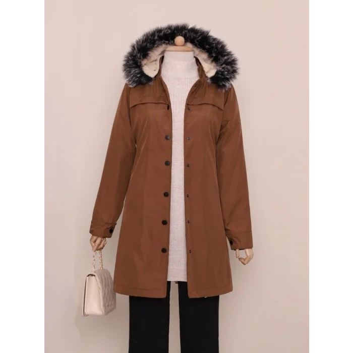 Çıkma Kapşonlu Çıtçıtlı Cepli Kısa Kaban -Taba