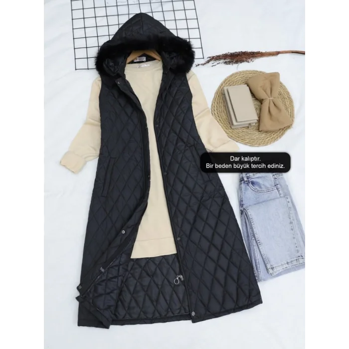 Çıkma Kapşonlu Kapitone Uzun Yelek -Siyah