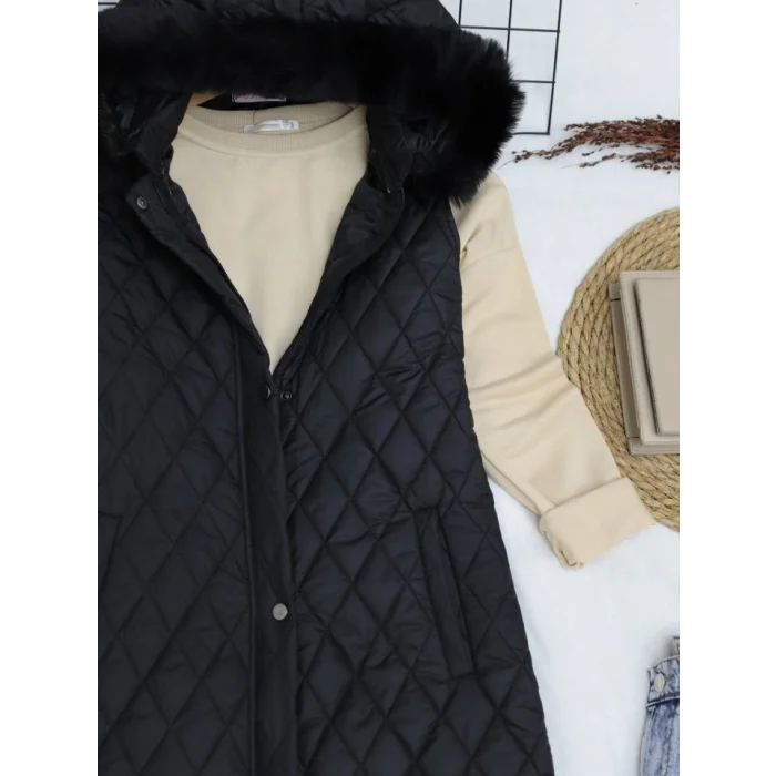 Çıkma Kapşonlu Kapitone Uzun Yelek -Siyah