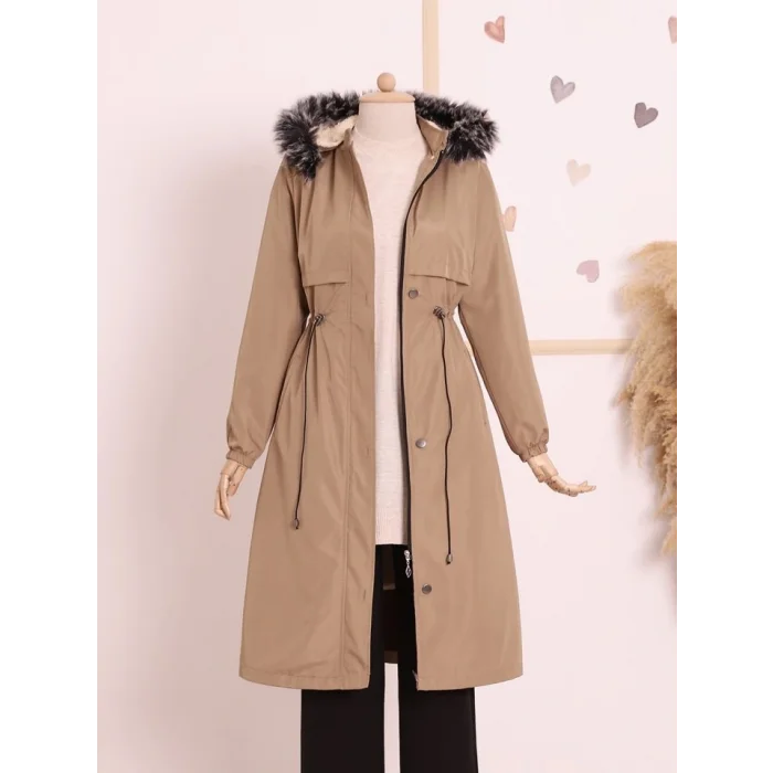 Çıkma Kapşonlu Tünel Bağcıklı Bondit Kaban -Açık Vizon