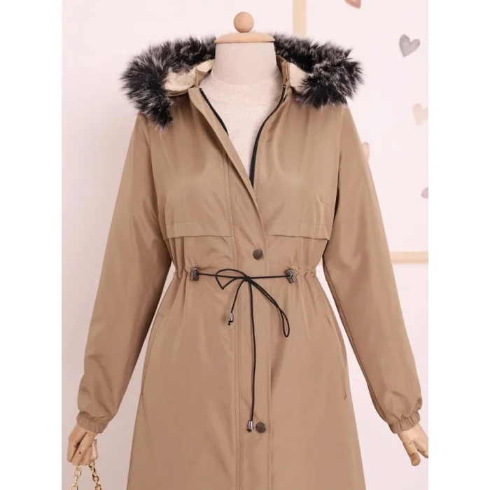 Çıkma Kapşonlu Tünel Bağcıklı Bondit Kaban -Açık Vizon