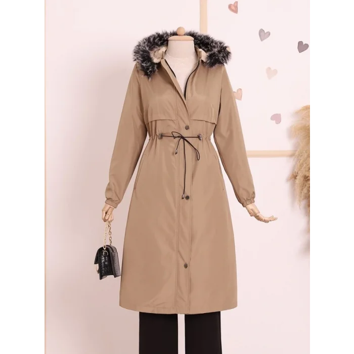 Çıkma Kapşonlu Tünel Bağcıklı Bondit Kaban -Açık Vizon