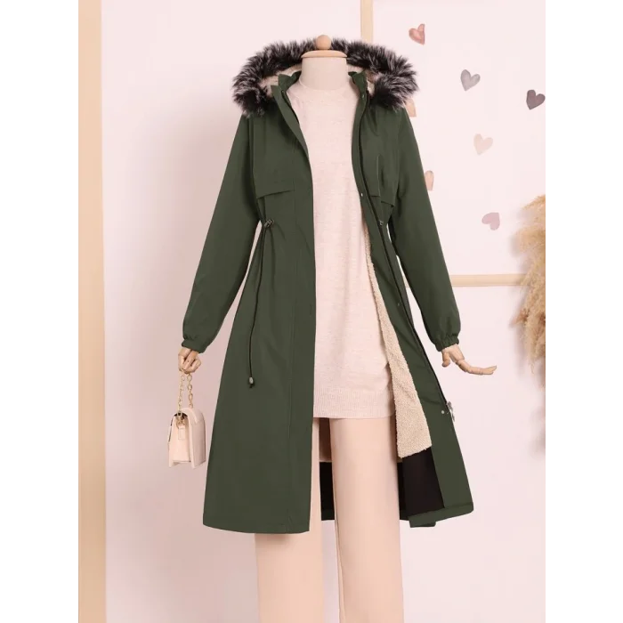 Çıkma Kapşonlu Tünel Bağcıklı Bondit Kaban -Haki