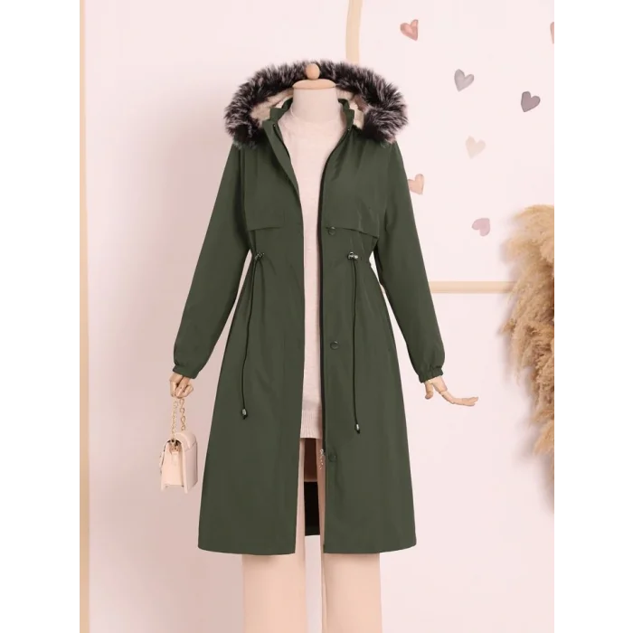 Çıkma Kapşonlu Tünel Bağcıklı Bondit Kaban -Haki