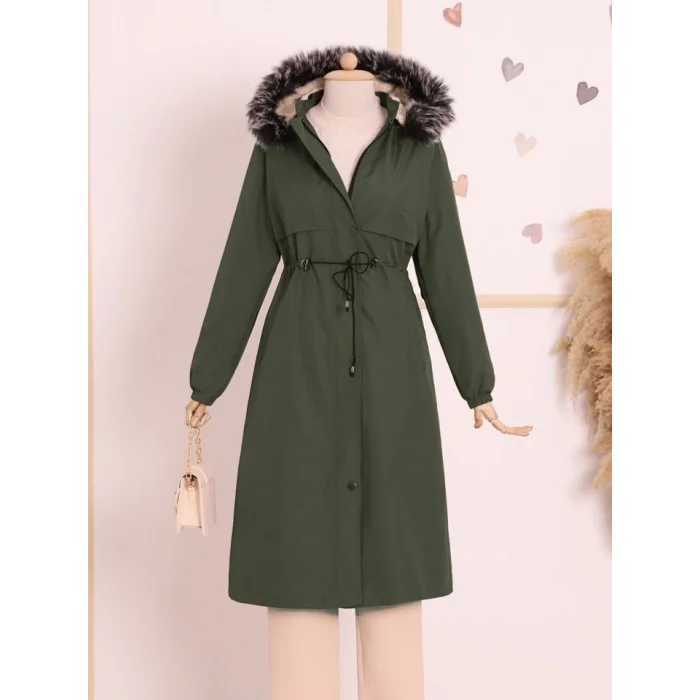 Çıkma Kapşonlu Tünel Bağcıklı Bondit Kaban -Haki