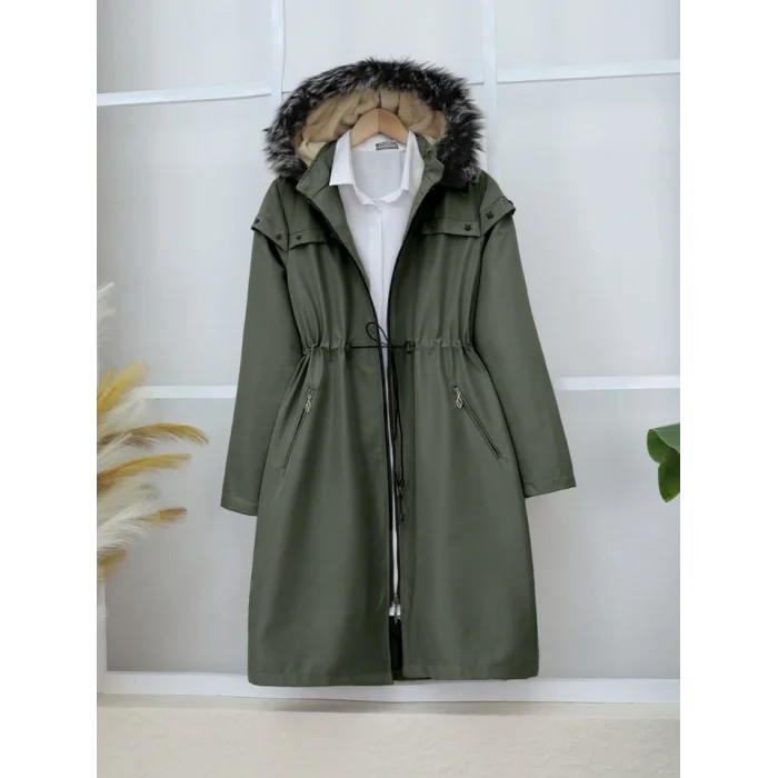 Çıkma Kapşonlu Yıldız Metal Detaylı Kaban -Haki