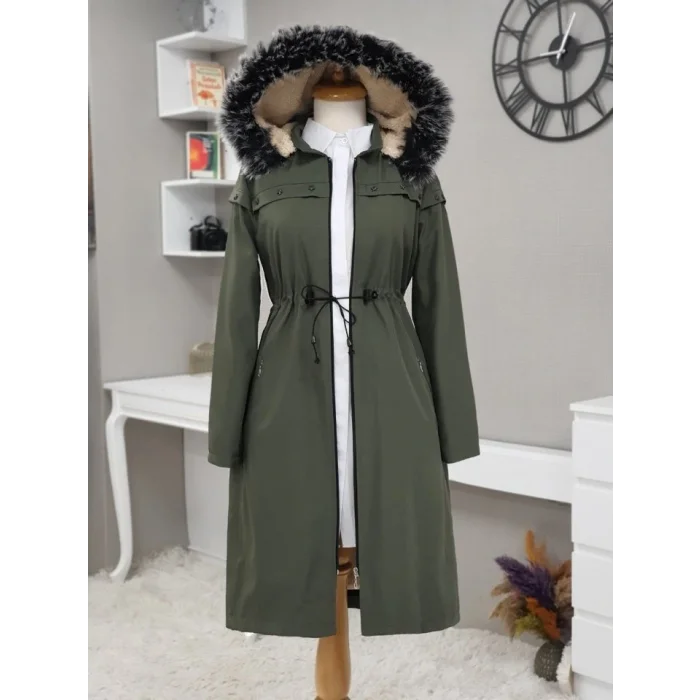 Çıkma Kapşonlu Yıldız Metal Detaylı Kaban -Haki