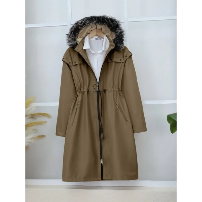 Çıkma Kapşonlu Yıldız Metal Detaylı Kaban -Taba