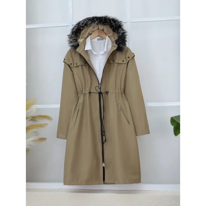 Çıkma Kapşonlu Yıldız Metal Detaylı Kaban  -Taş