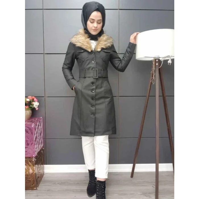 Çıkma Kürklü  Deri Mont -Siyah