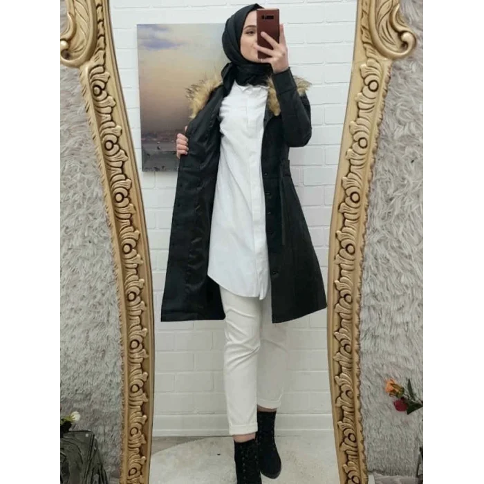 Çıkma Kürklü  Deri Mont -Siyah