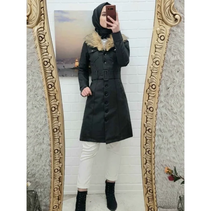 Çıkma Kürklü  Deri Mont -Siyah
