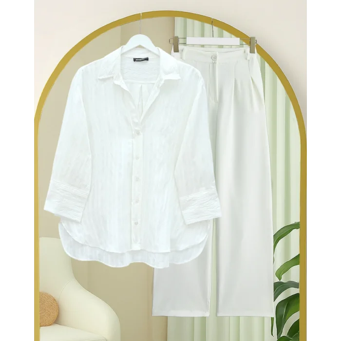 Çizgi Desen Oval Kesim Krinkıl Gömlek -Beyaz