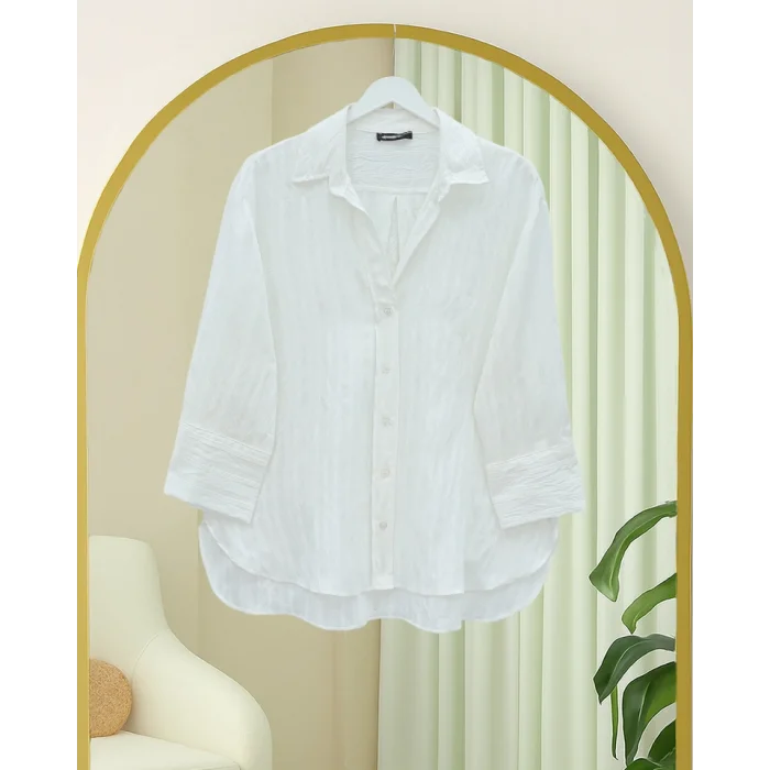 Çizgi Desen Oval Kesim Krinkıl Gömlek -Beyaz