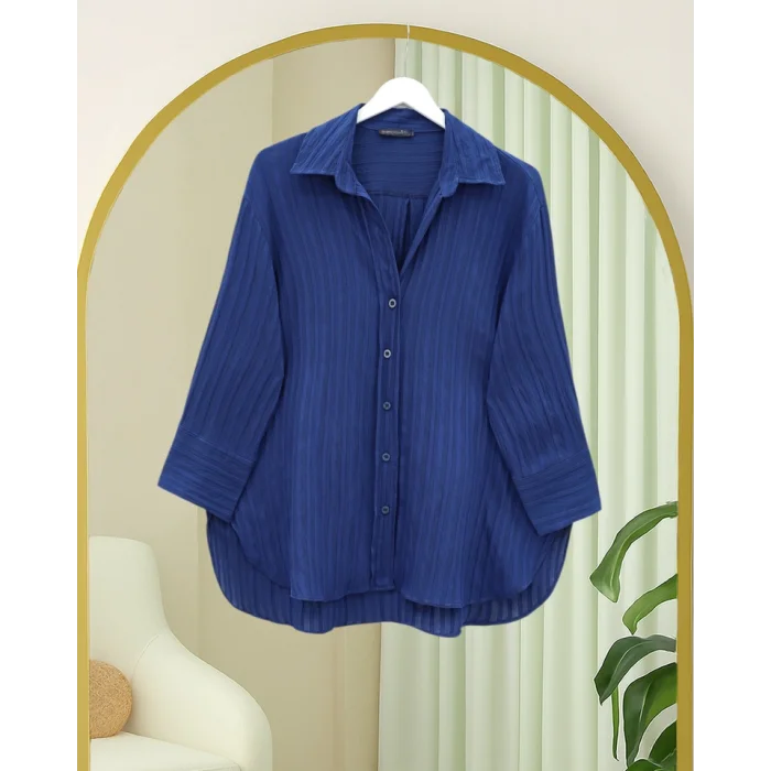 Çizgi Desen Oval Kesim Krinkıl Gömlek -Laci