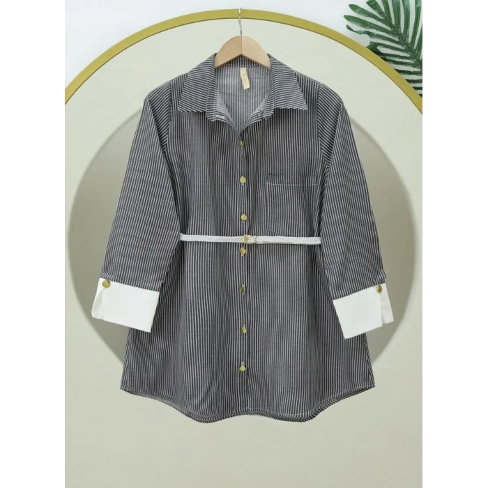 Çizgili Beli Bağcıklı Düğmeli Gömlek -Siyah