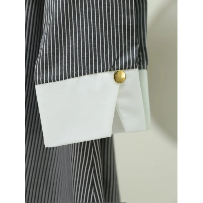 Çizgili Beli Bağcıklı Düğmeli Gömlek -Siyah