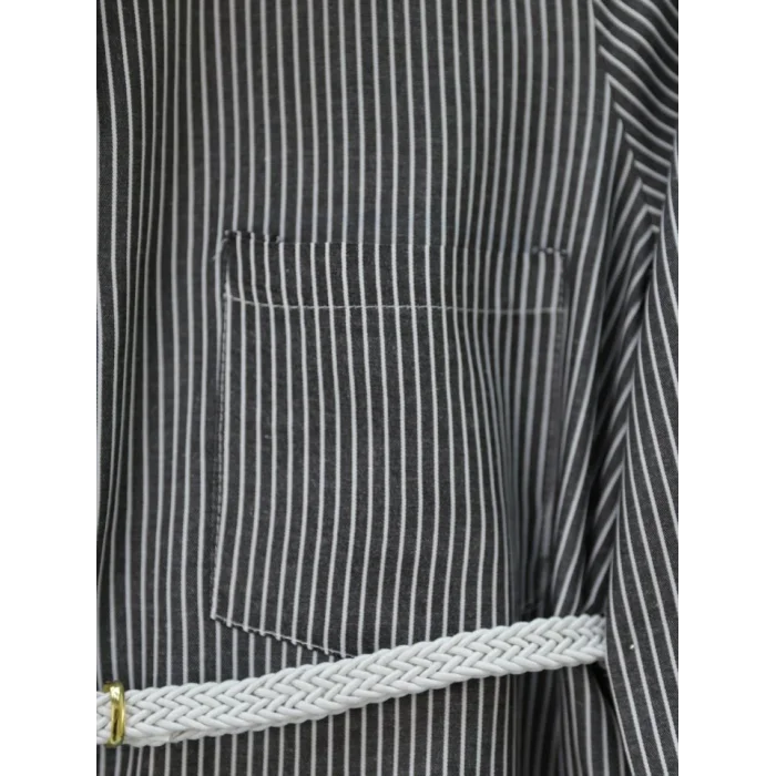 Çizgili Beli Bağcıklı Düğmeli Gömlek -Siyah