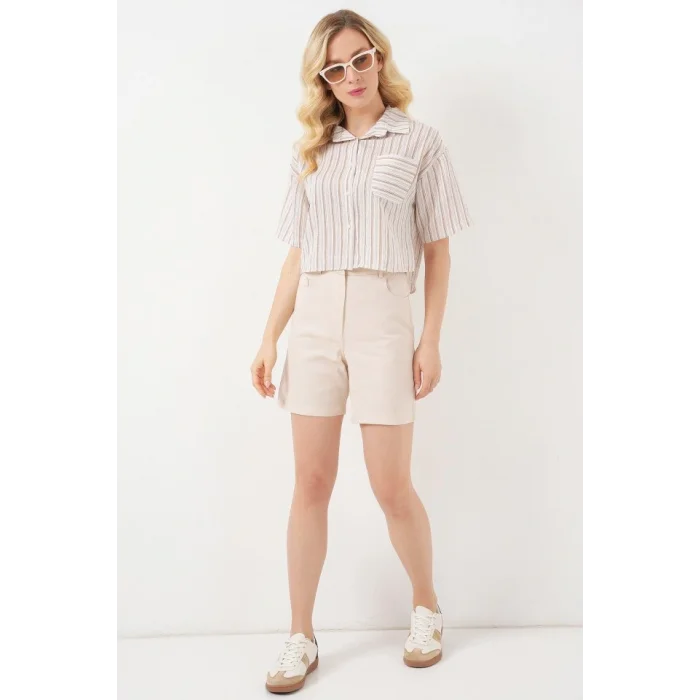 Çizgili Crop Gömlek 20342 - Bej