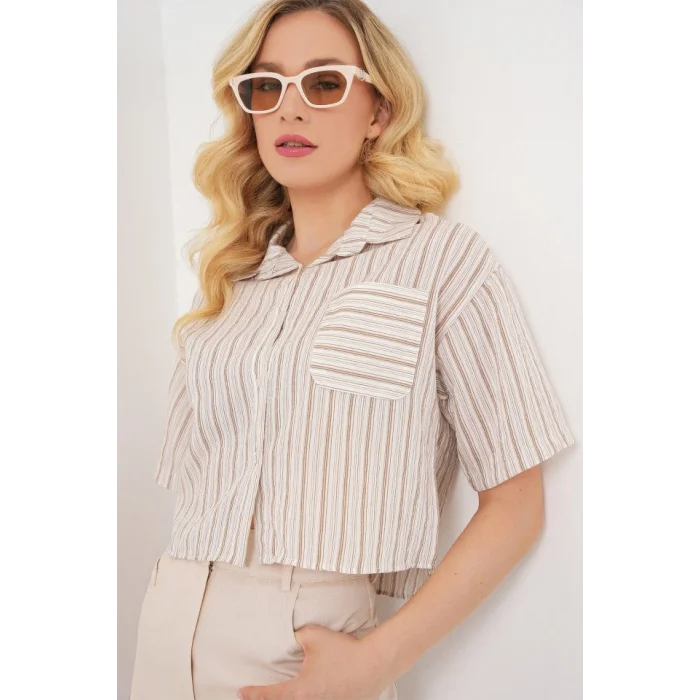 Çizgili Crop Gömlek 20342 - Bej