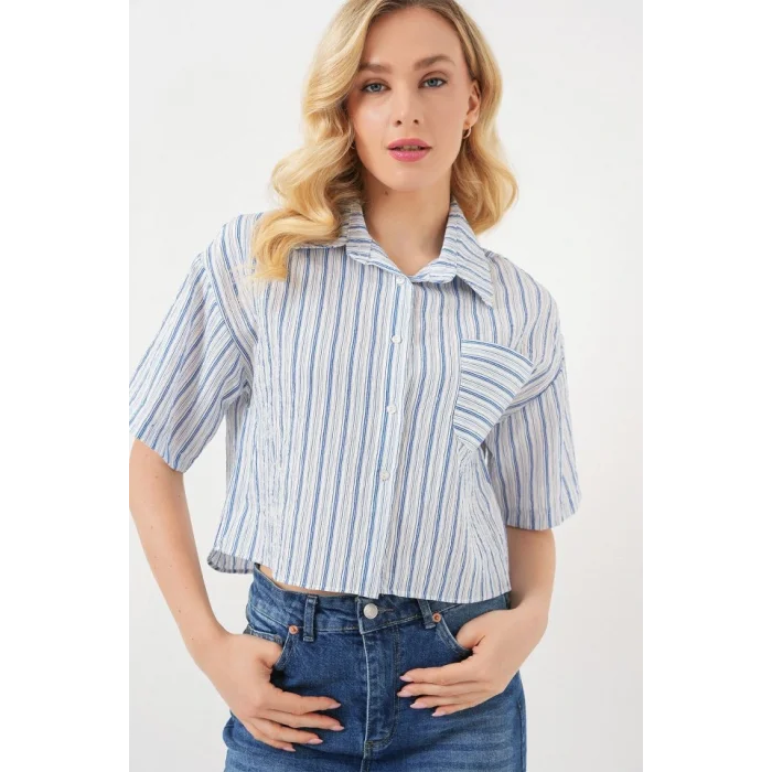 Çizgili Crop Gömlek 20342 - Mavi