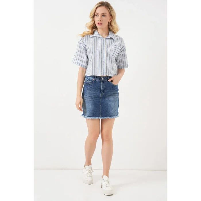 Çizgili Crop Gömlek 20342 - Mavi