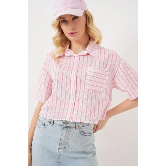 Çizgili Crop Gömlek 20342 - Pudra