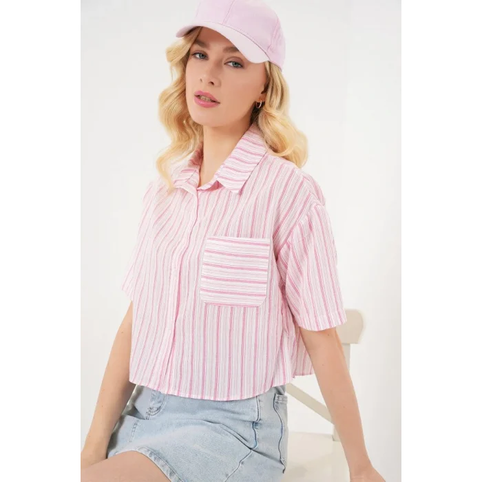 Çizgili Crop Gömlek 20342 - Pudra