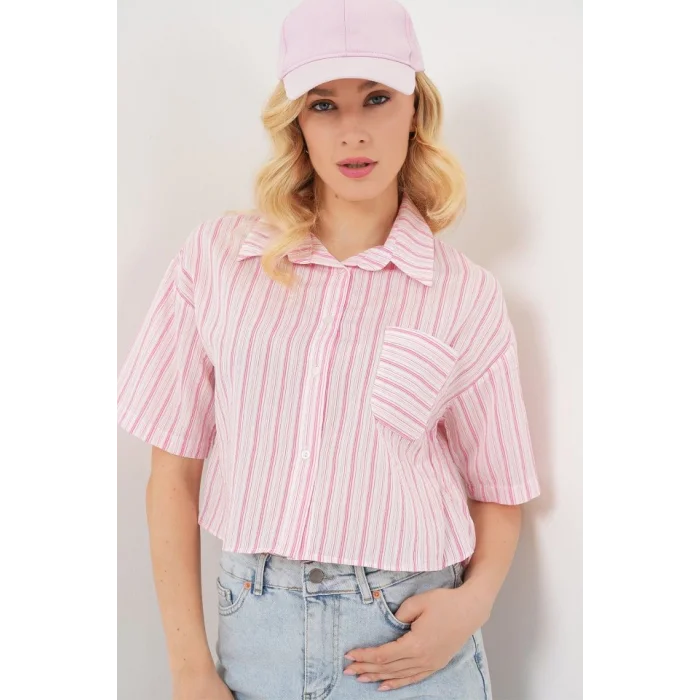 Çizgili Crop Gömlek 20342 - Pudra