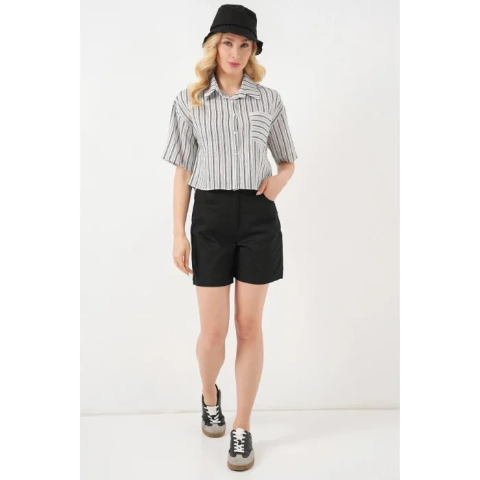 Çizgili Crop Gömlek 20342 - Siyah