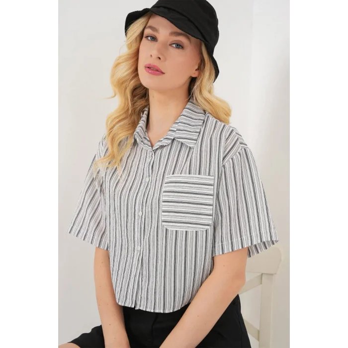 Çizgili Crop Gömlek 20342 - Siyah