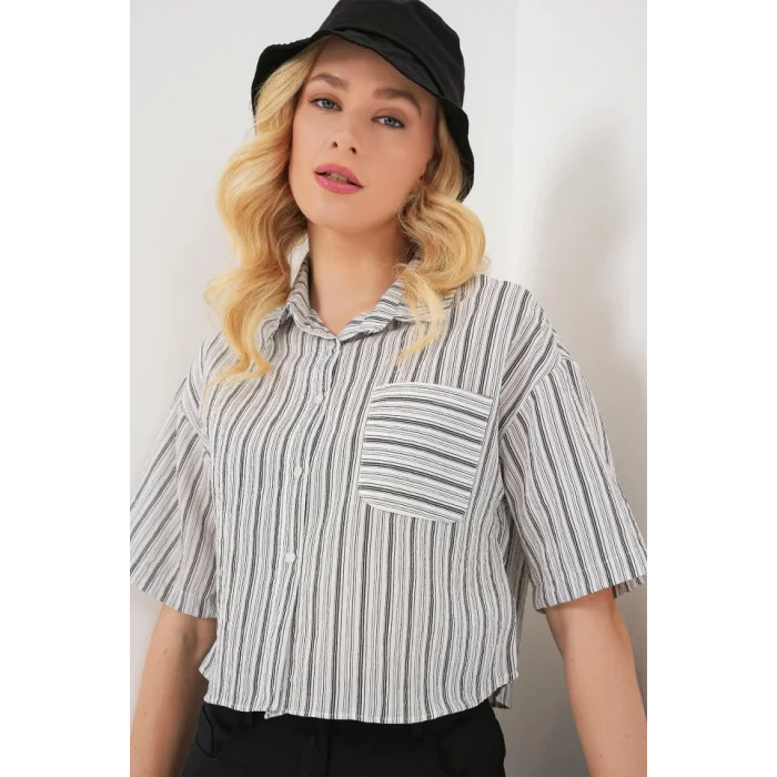 Çizgili Crop Gömlek 20342 - Siyah