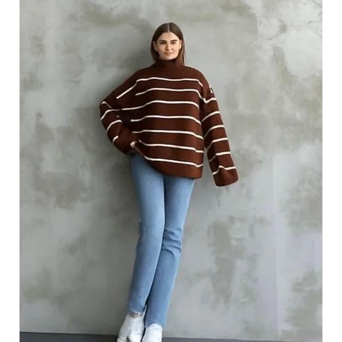 Çizgili ispanyol kol triko boğazlı kahve beyaz elf