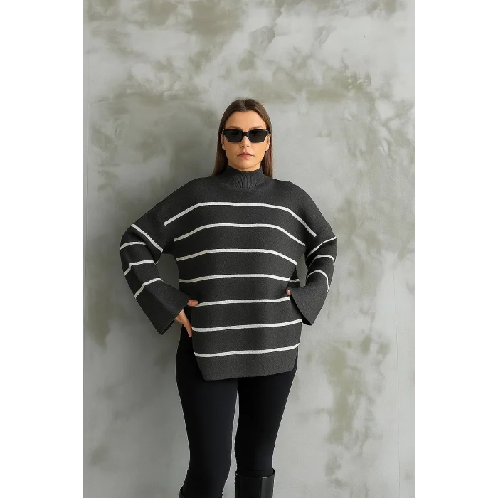 Çizgili ispanyol kol triko boğazlı kazak antrasit elf