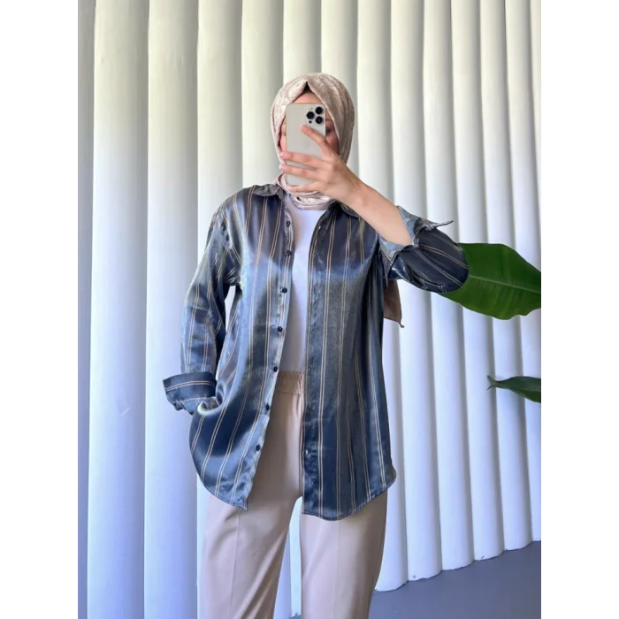 Çizgili Janjanlı Gömlek -İndigo