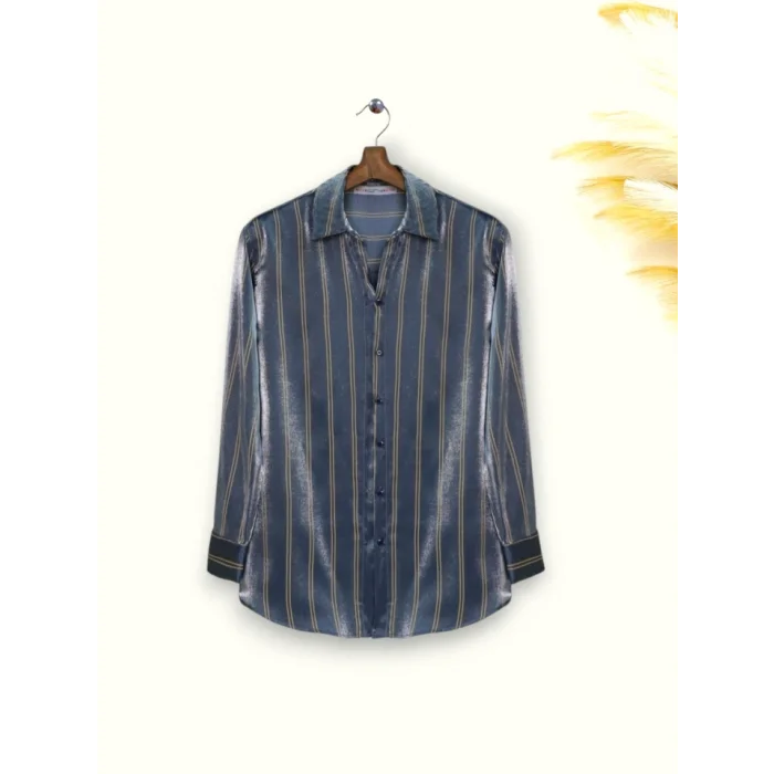 Çizgili Janjanlı Gömlek -İndigo