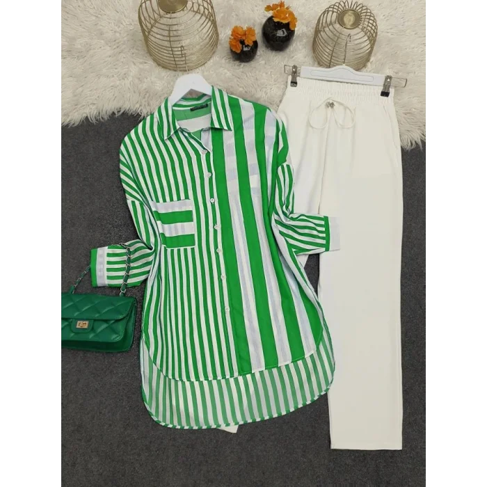 Çizgili Keten Gömlek  -Yeşil
