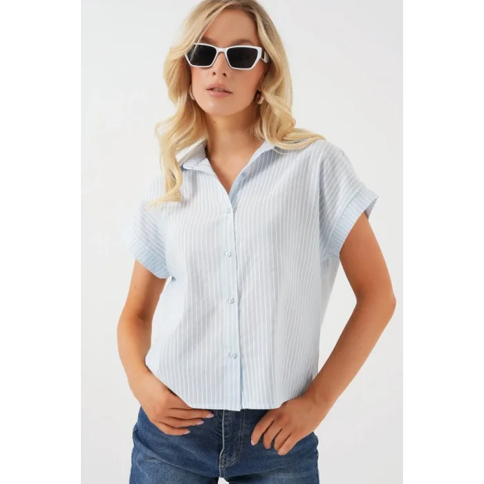 Çizgili Kısa Kol Gömlek 20324 - Açık Mavi